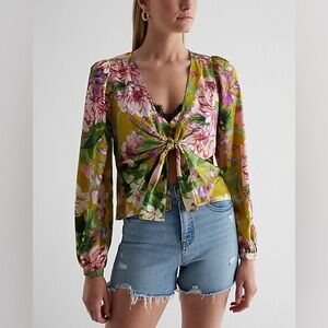 Express 2 pc Satin Floral Tie Front Top & Bralette Set, XS